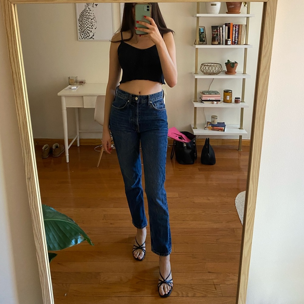 anine bing high waisted slightly cropped jeans, size 26